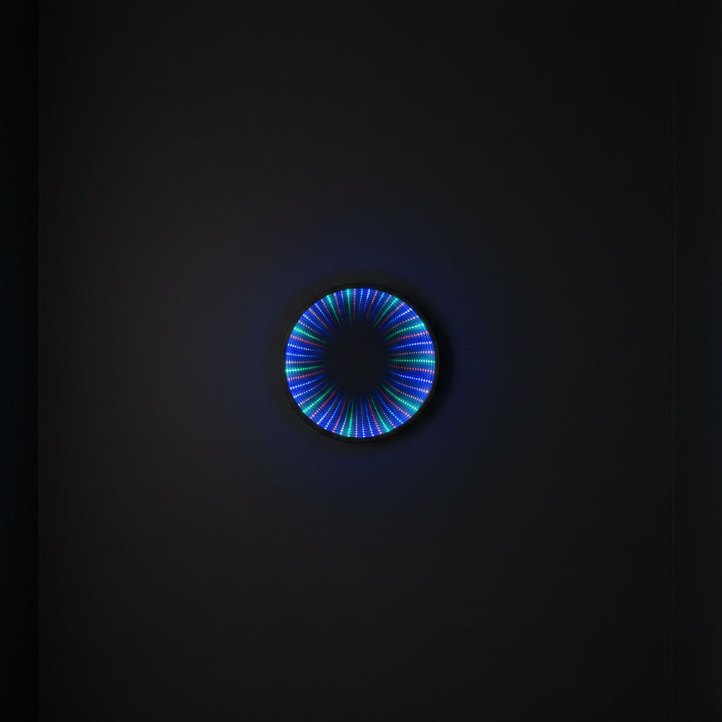 Circular LED light with multicolor dots on a white background