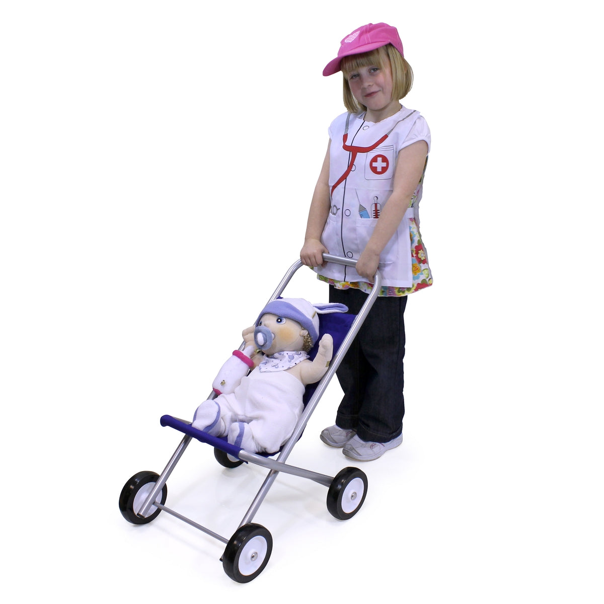 EYFS Large Dolls Pushchair Silver with Blue Cover - Doll Pushchair