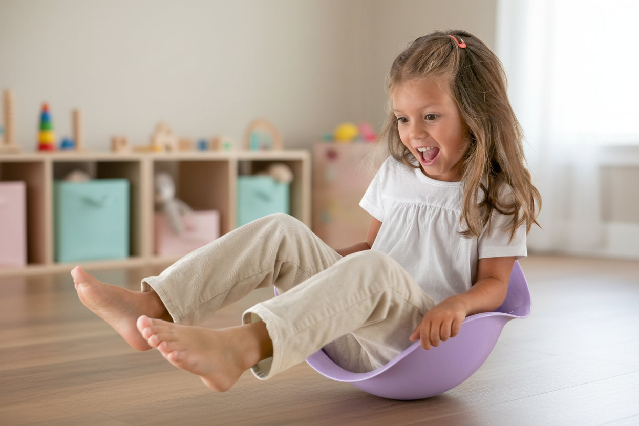 A child sitting on a purple Bilibo toy, which is a shell-shaped balance toy