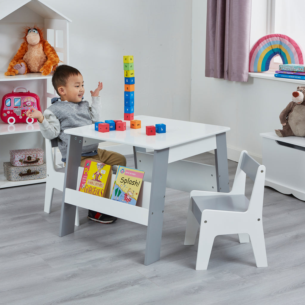 White and Grey Bookshelf Table and Chair Set - Children’s Table and Chair
