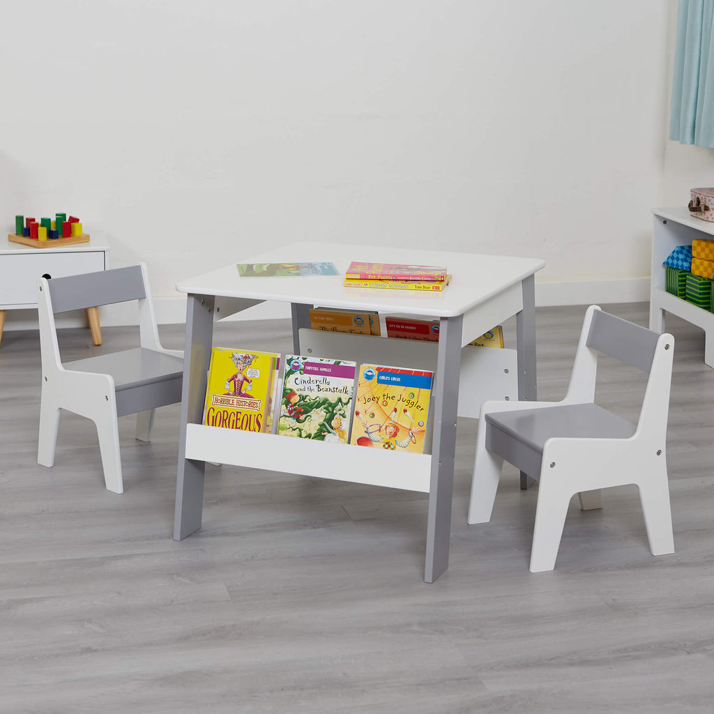 White and Grey Bookshelf Table and Chair Set - Children’s Table and Chair